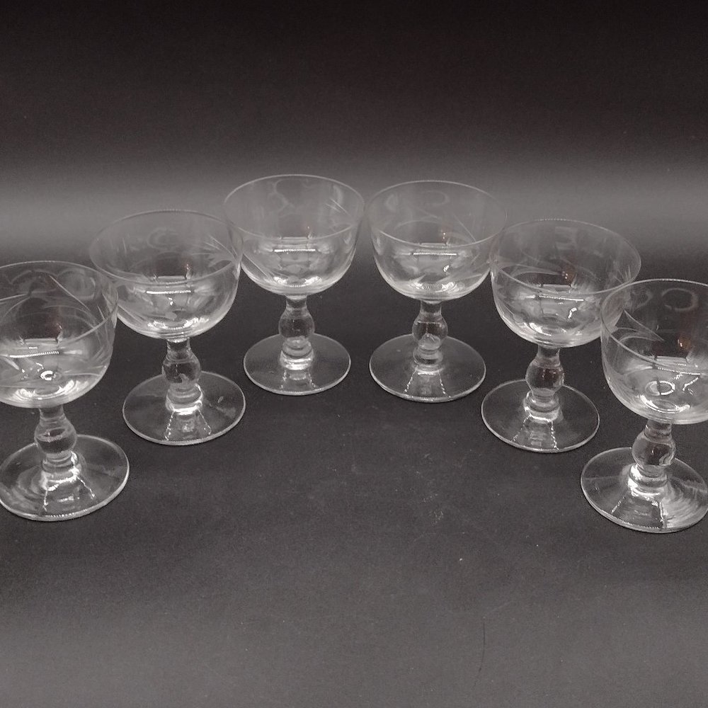 6 Etched Crystal Wine or Liqueur Glasses